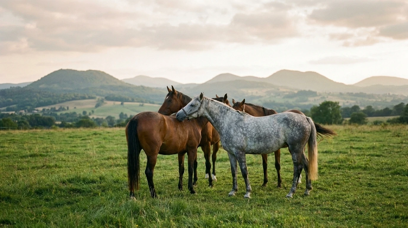 Les chevaux du Ecole d’équitation de Chazeron en liberté, Puy-de-Dôme